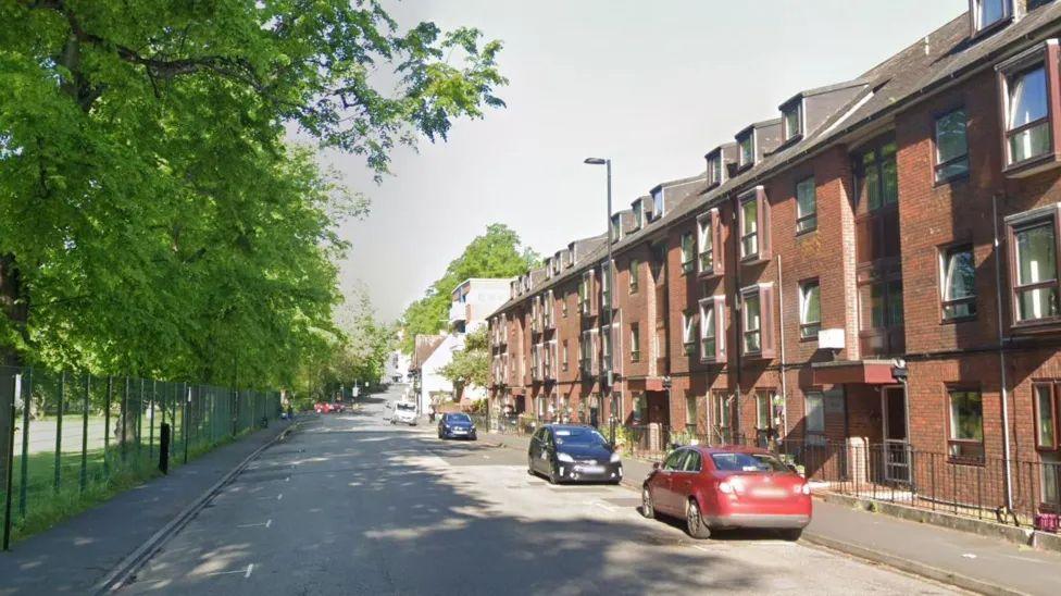 South Front - red brick block of flats with trees on the opposite side of the road