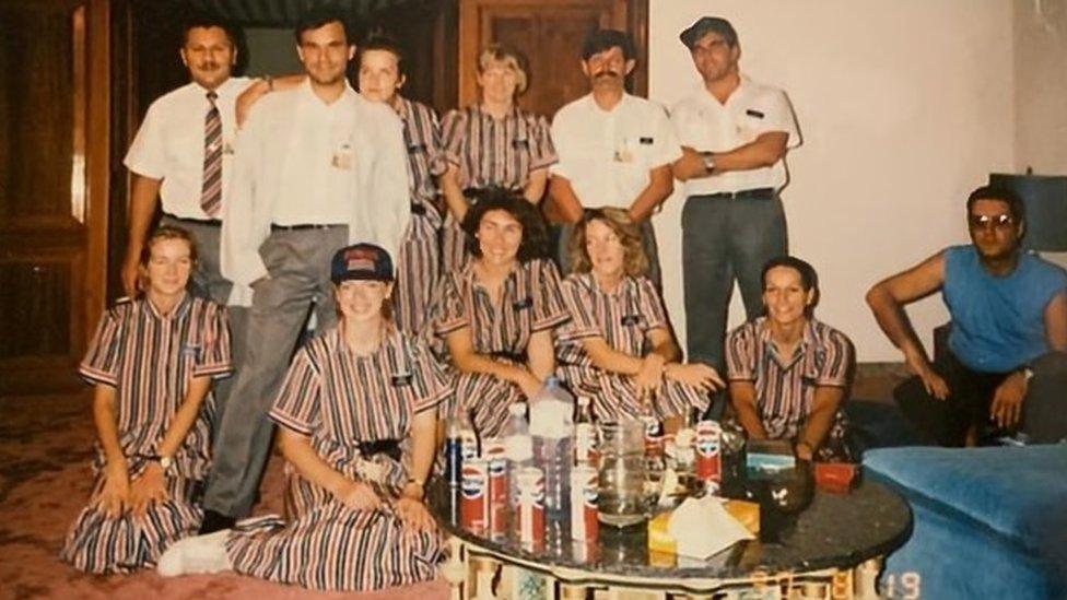 Bryony Reynolds with fellow hostages in Kuwait in 1990