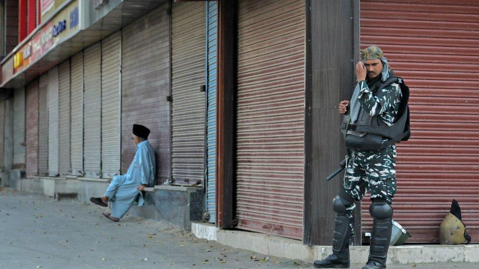 A Paramilitary trooper stands on guard during the shutdown in Srinagar. Kashmir valley remains shutdown for the 55th consecutive day following the scrapping of Article 370 by the central government which grants special status to Jammu & Kashmir