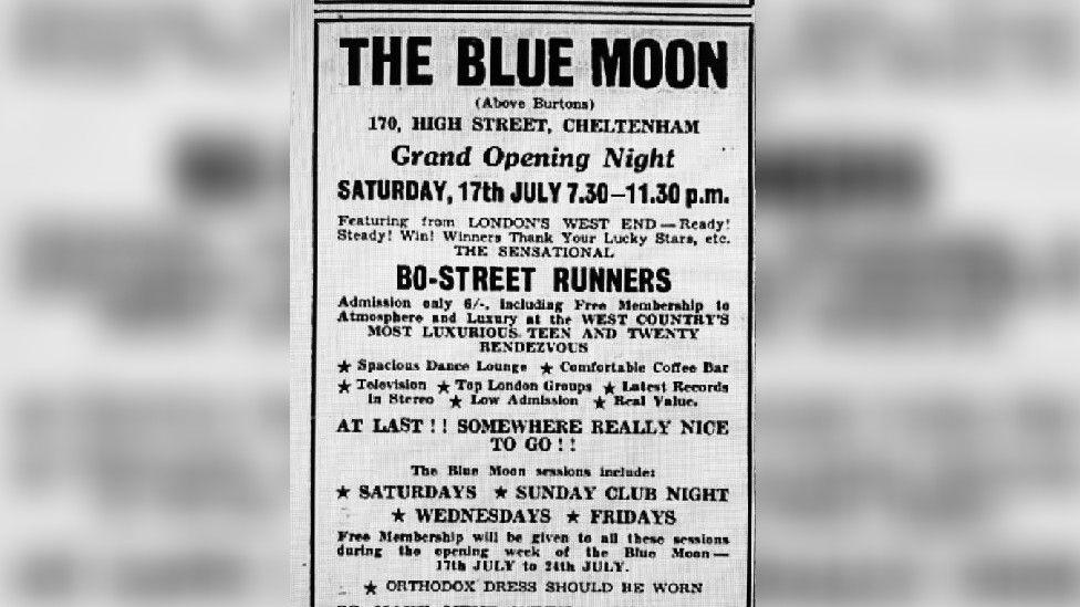 A newspaper advert from the 1960s, advertising the grand opening of a new club in Cheltenham called The Blue Moon. It says a band called the Bo-Street Runners will play, along with other information.