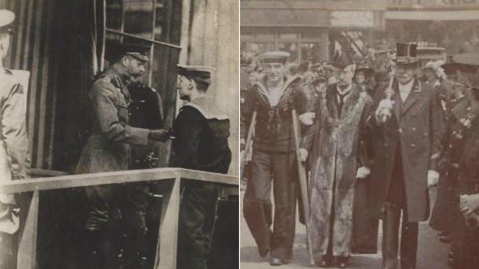 Albert McKenzie receives the Victoria Cross from King George V, left, and is greeted as a hero in Southwark