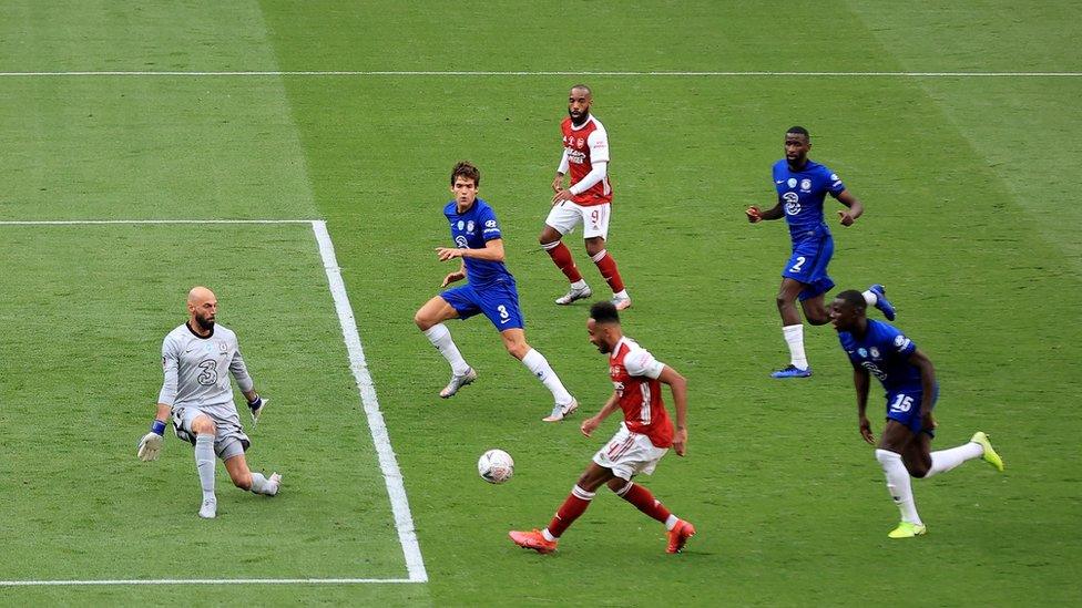 Pierre-Emerick Aubameyang of Arsenal scores in the FA Cup Final match between Arsenal and Chelsea at Wembley Stadium