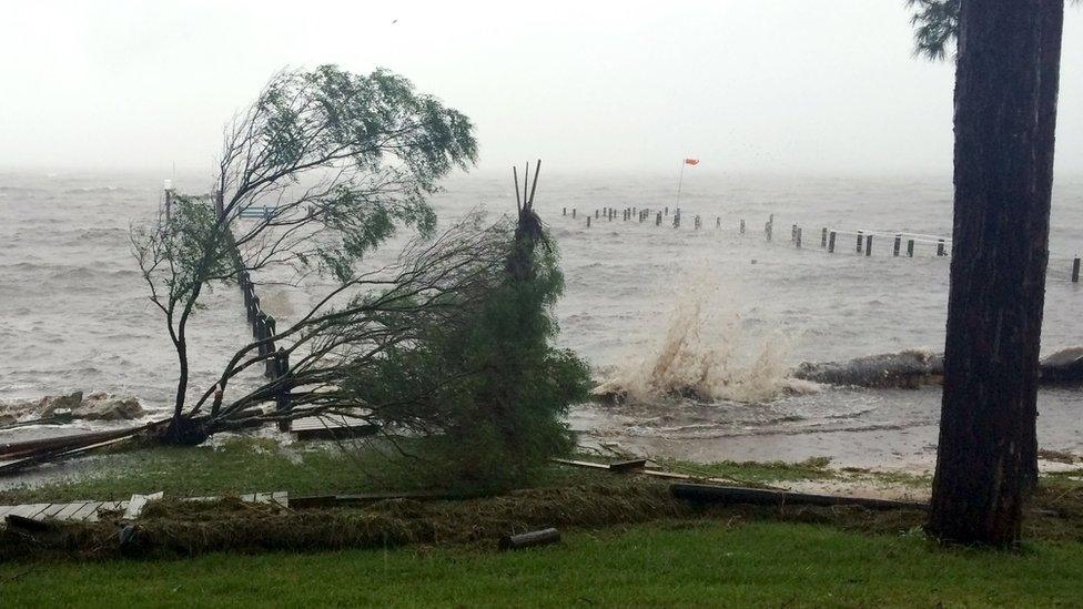 In this image made from a video, rough surf smashes the shore as Hurricane Hermine nears the Florida coast, Thursday, Sept. 1, 2016, in Carabelle, Fla