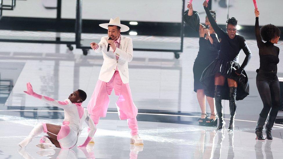 Gustaph from Belgium performs during the second semi-final of the 2023 Eurovision Song Contest in Liverpool