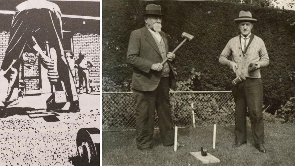 A split image of a black-and-white promotional poster for trugo, and two men in hats and vests playing the game in 1939