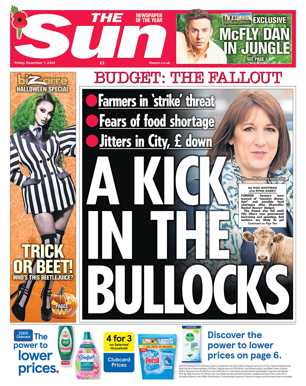 The headline in the Sun reads: "A kick in the bullocks". 