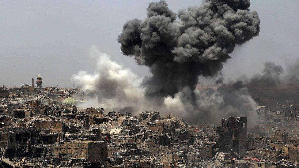 Aftermath of a coalition air strike on the city of Mosul in 2017