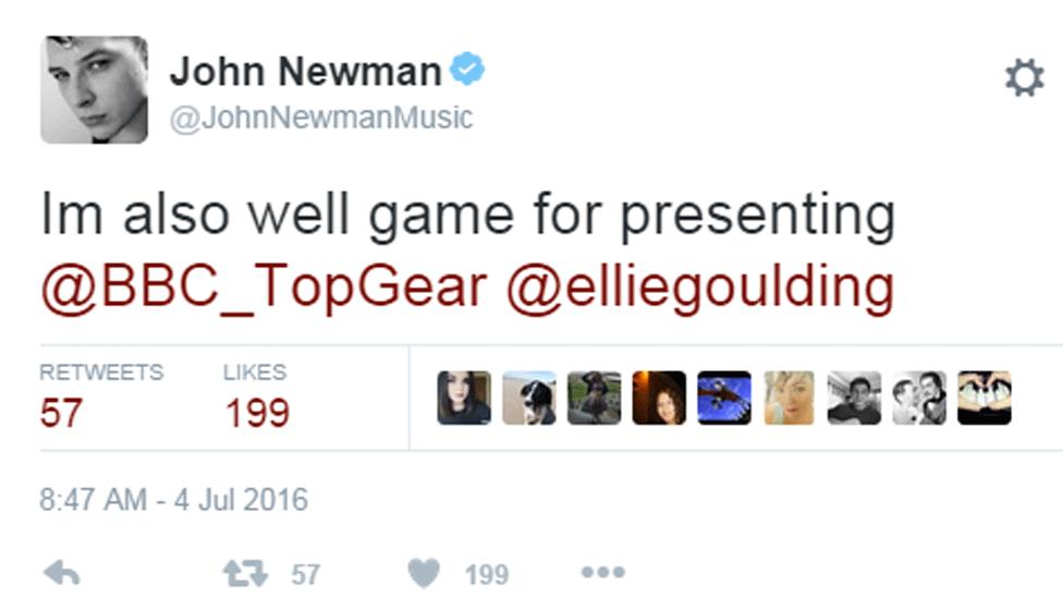 John Newman Tweeted: 'I'm also well game for presenting Top Gear'