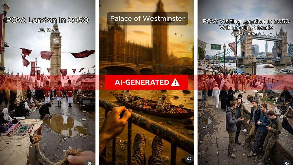A composite image showing three stills from AI-generated videos, with one showing "London in 2050" with Big Ben in the background and women in hijabs selling goods from blankets on what appears to be Westminster Bridge, while a market stall in the background has a sign reading "Halal". Another labelled "Palace of Westminster" shows people in Islamic dress on a boat carrying fruit on the Thames near Parliament, while rubbish bobs on the river. A third labelled "Visiting London in 2050 with your friends" shows a group of white people gathered by the river with Tower Bridge in the background, surrounded by people in Islamic dress, camels, goats and people huddled near tents.
