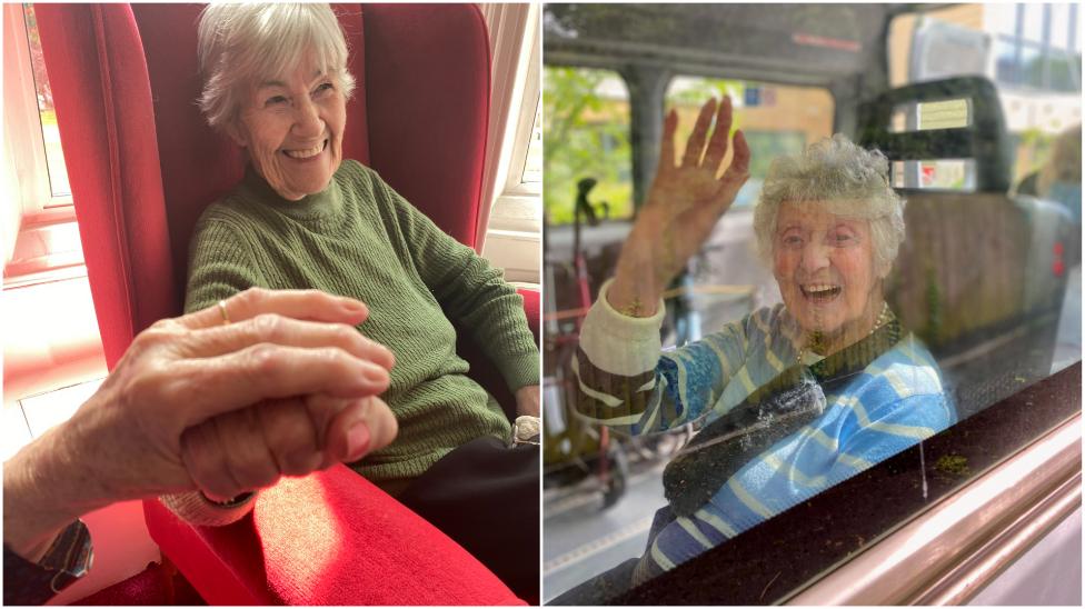 Woman holding hand and woman waving on bus