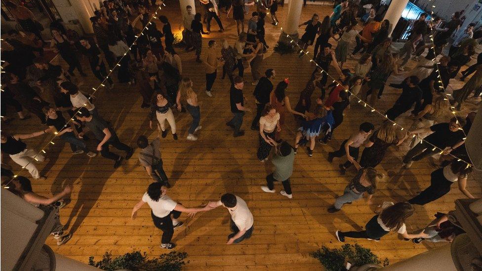 An aerial view of people dancing at a ceilidh at the Elmgrove Centre in Redland in Bristol