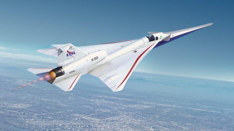 A digital picture of an X-59 jet in flight. The plane is white and flames leave a single after burner at the rear of the plane.