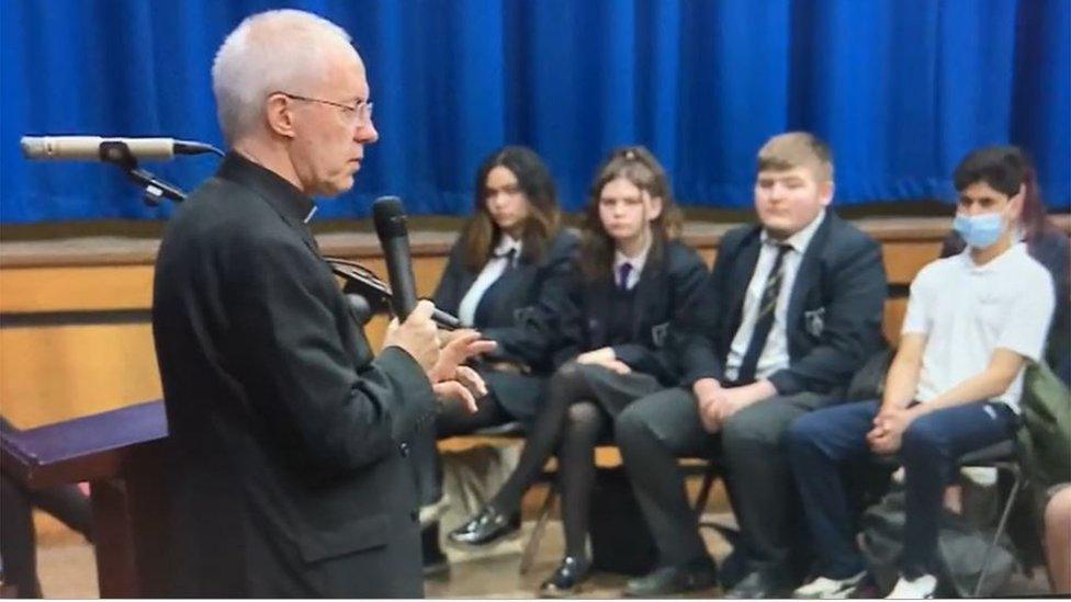 The Archbishop of Canterbury addresses pupils at Holy Trinity School, Crawley