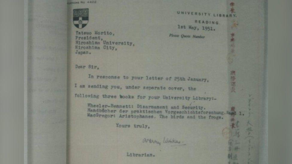 University of Reading librarian response letter to Hiroshima University President Tatsuo Morito to help rebuild their library