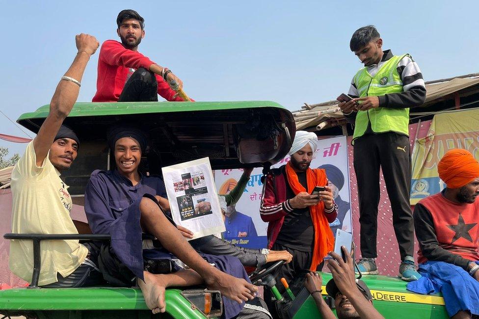 Farmers celebrating at the Singhu border