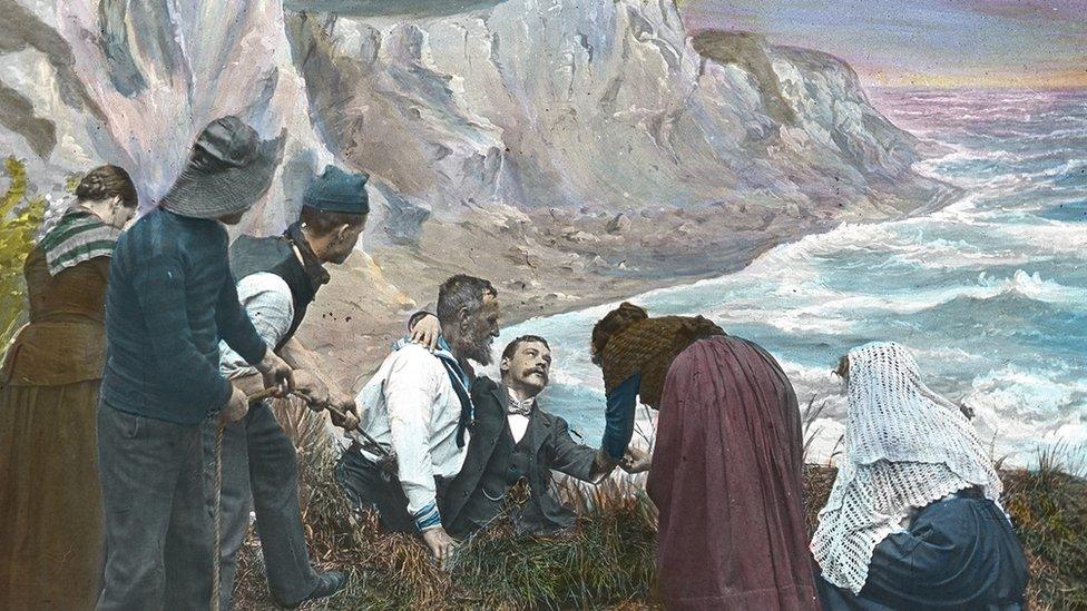 This painting shows how HM Coastguard rescues happened in the 19th Century