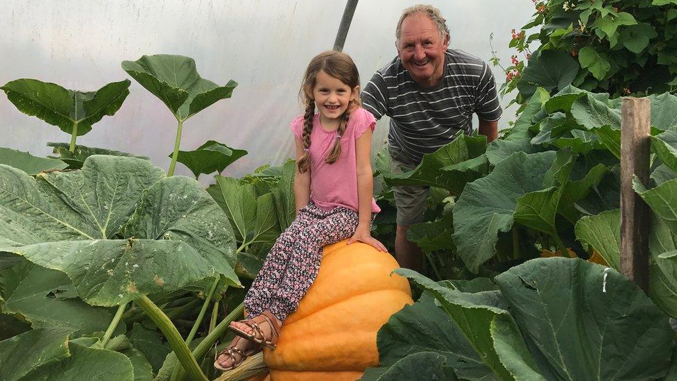 Phillip Vowles and his granddaughter Sophia on top of a giant pumpkin