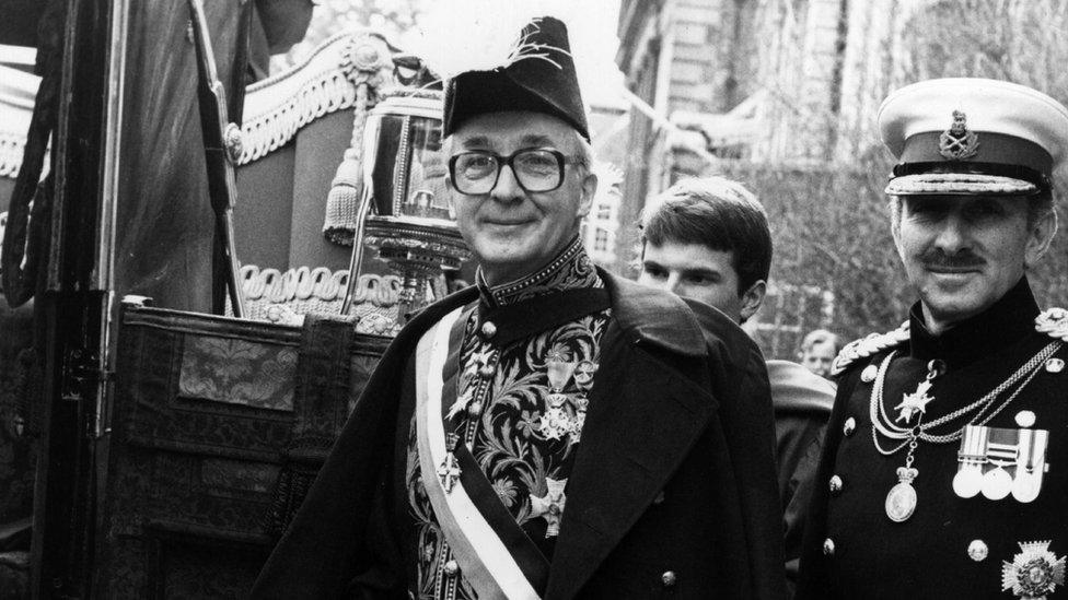 Dutch ambassador Jonkheer Huydecoper, in ceremonial uniform, sets off for Buckingham Palace to present his credentials to Queen Elizabeth II on 3 March 1982