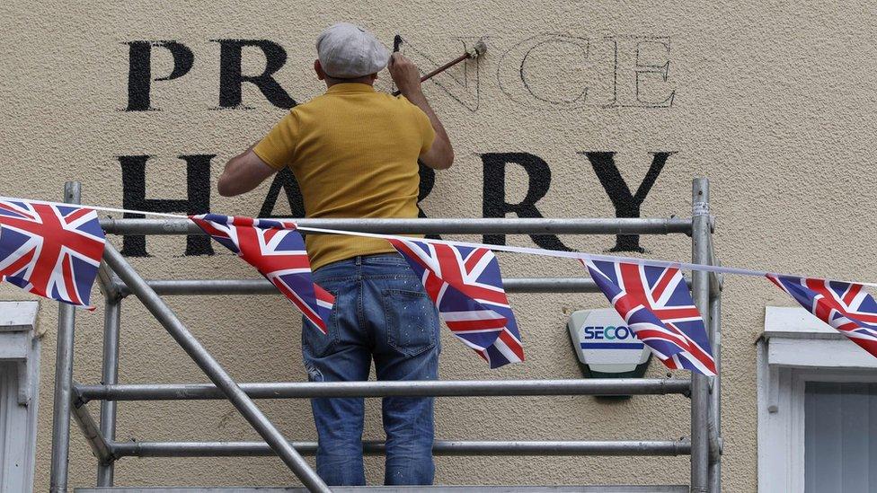 Prince Harry's name is painted on the exterior of a building in Windsor