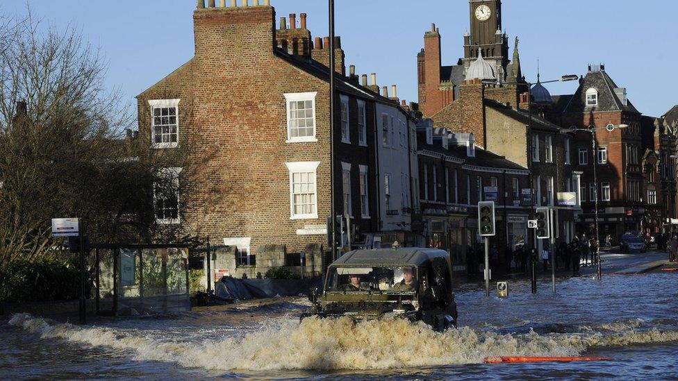 Army vehicle in flooded streets in York on 27 December 2015