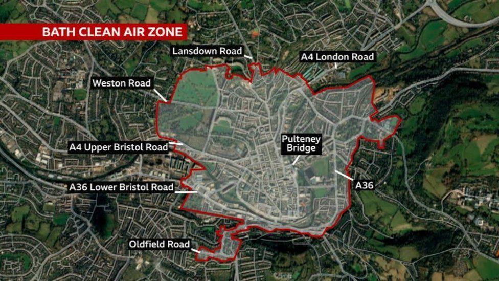 A map view with graphic overlay showing the extent of the Clean Air Zone across Bath's historic city centre