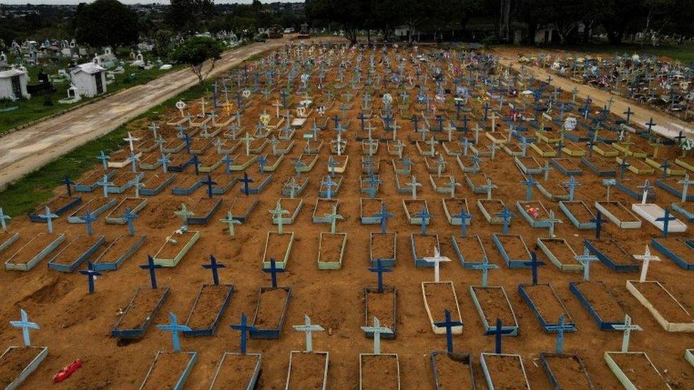 An aerial view of the Parque Taruma cemetery amid the coronavirus disease (COVID-19) outbreak, in Manaus, Amazonas state, Brazil February 25, 2021.