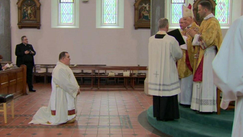 Bishop Noel Treanor ordaining Tony McAleese in the the Catholic priesthood