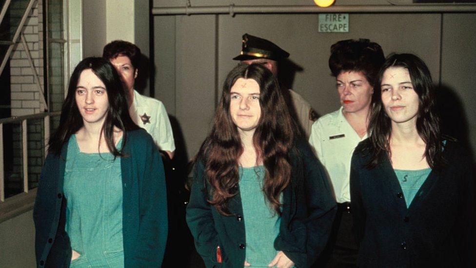 Manson family members and murder suspects Susan Atkins, Patricia Krenwinkle, and Leslie van Houton in 1970