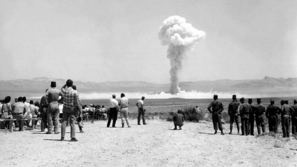 Soldiers and cameramen near the Small Boy nuclear test, part of Operation Sunbeam also known as Operation Dominic II. Nevada, 14th July 1962