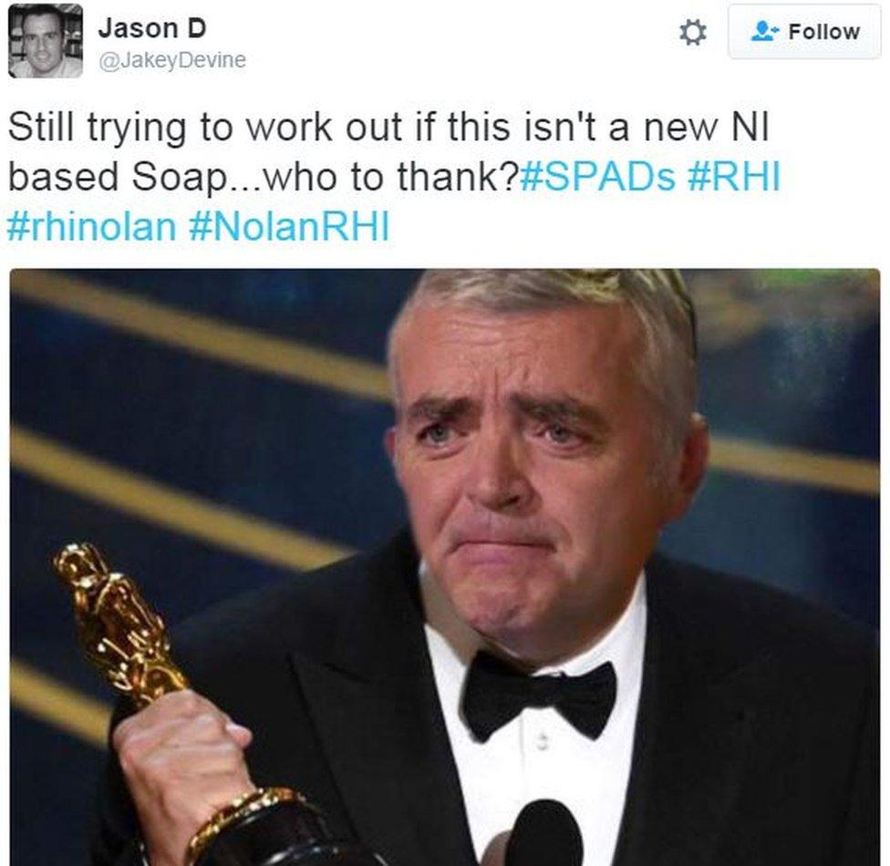 Tweet from Jason D: Still trying to work out if this isn't a new NI based Soap...who to thank?#SPADs #RHI #rhinolan #NolanRHI