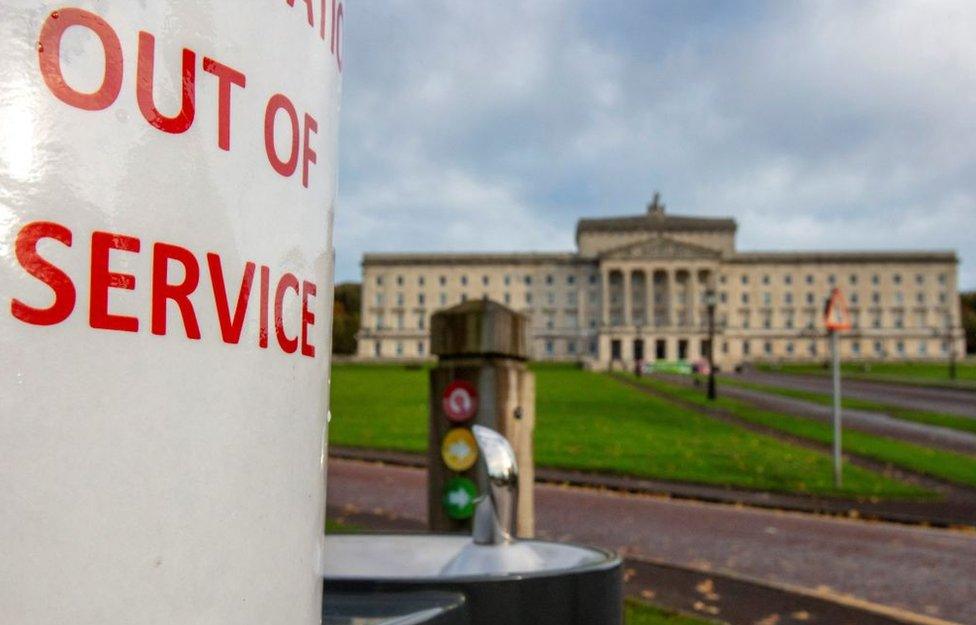 A sign on a drinking fountain outside Stormont's Parliament Buildings that reads: Out of service