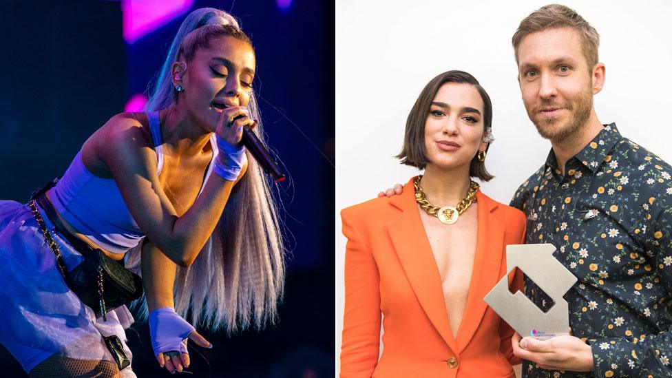 Ariana Grande and Dua Lipa with Calvin Harris