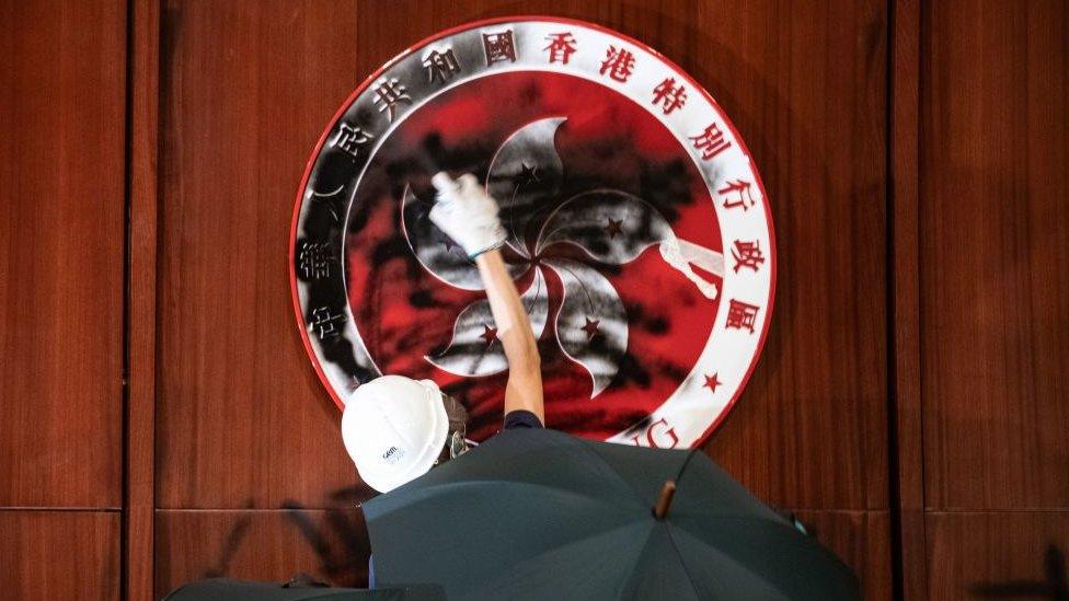 A protester defaces the Hong Kong emblem