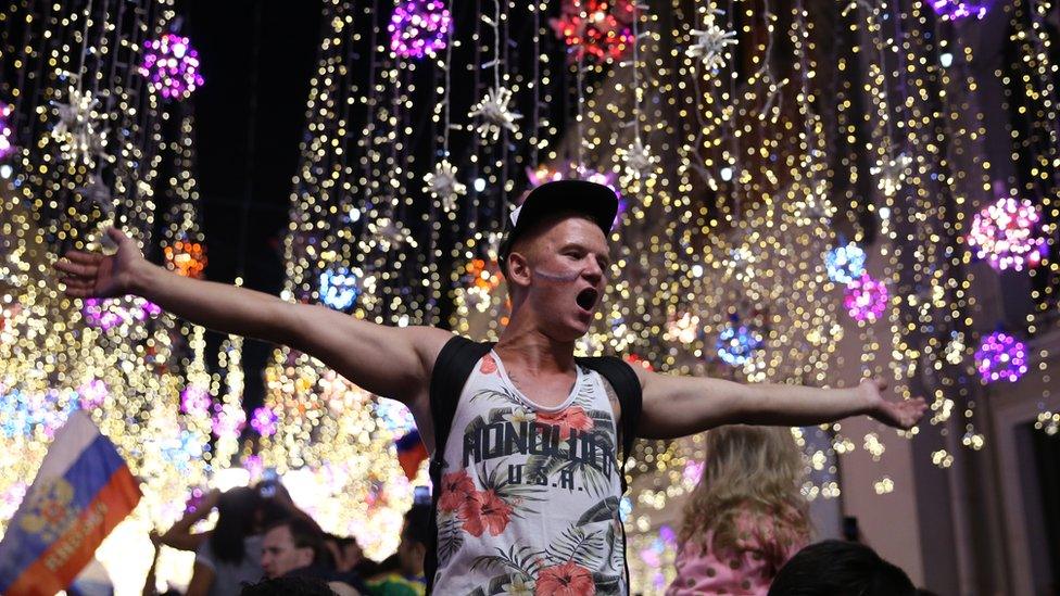 Russia fans celebrate their 2018 World Cup victory over Spain in central Moscow