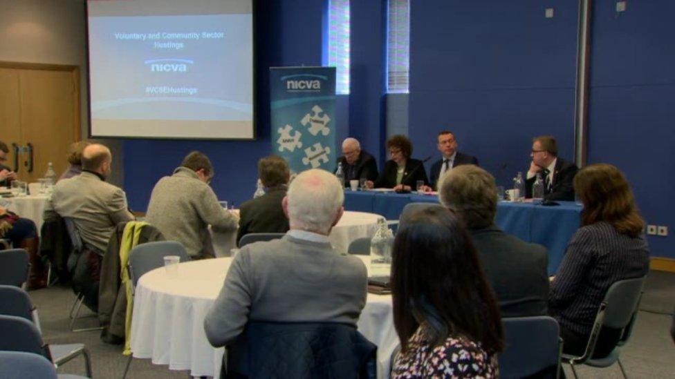 People, including election candidates, at the NICVA hustings event