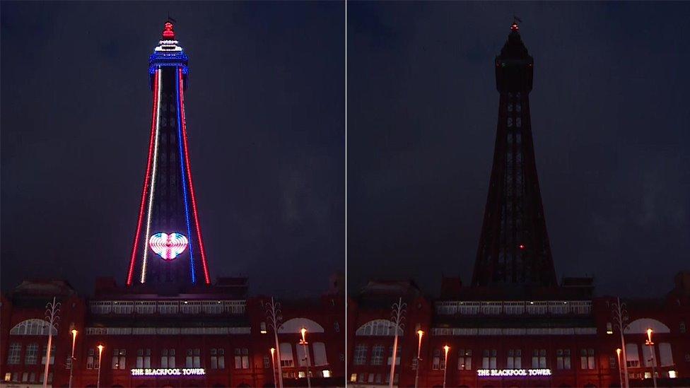 Blackpool Tower's red, white and blue lights were switched off for the national minute's silence