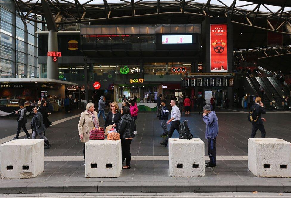 Concrete bollards outside Melbourne's Southern Cross railway station