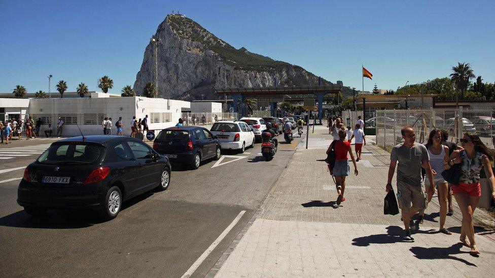 Cars waiting to cross the border from Spain into Gibraltar