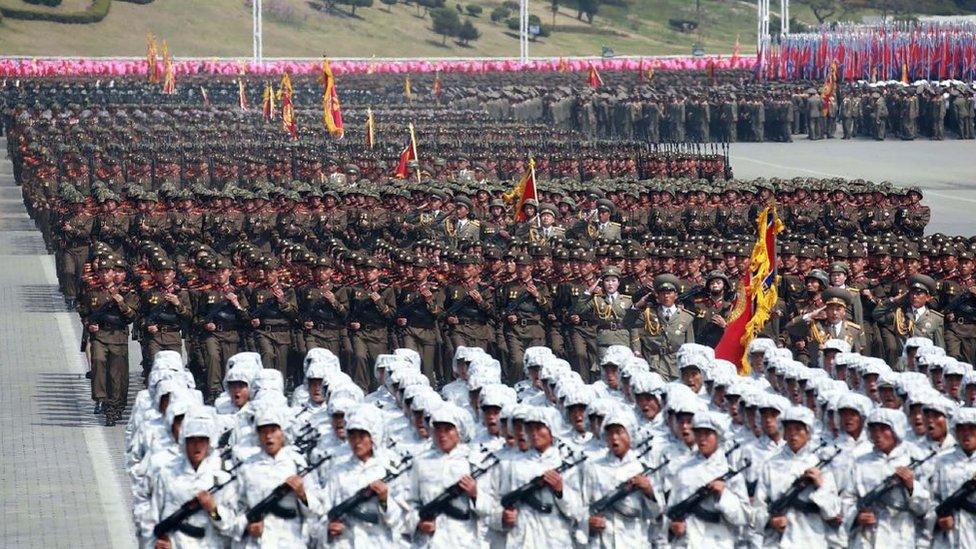 Korean People's Army soldiers parading