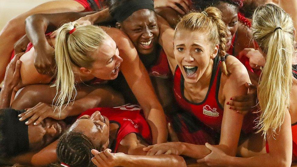 Helen Housby, who scored in the final second and her England teammates celebrate at full time and winning the Netball Gold Medal Match between England and Australia on day 11 of the Gold Coast 2018 Commonwealth Games at Coomera Indoor Sports Centre on April 15, 2018 on the Gold Coast, Australia.