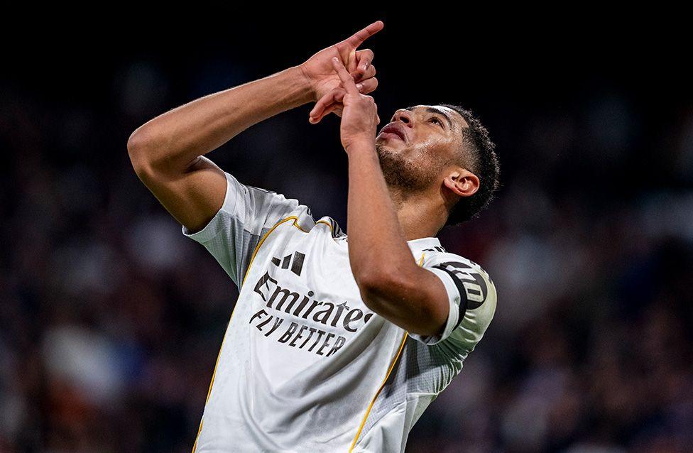 Real Madrid's Jude Bellingham celebrates his goal during the Champions League win over Monaco at the Santiago Bernabeu. Photo by Alberto Gardin