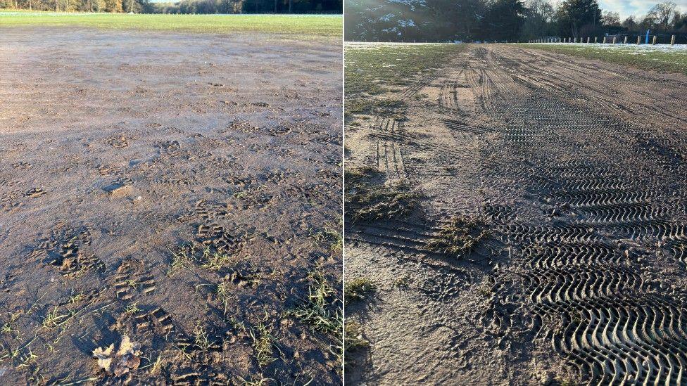 Two images of very muddy fields, one with footprints and the other with tyre marks