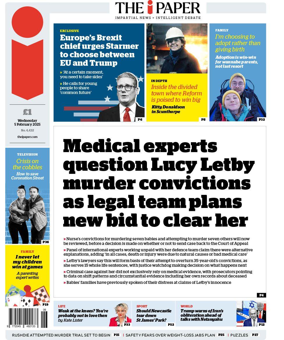 i front page with the headline: Medical experts question Lucy Letby murder convictions as legal team plans new bid to clear her.