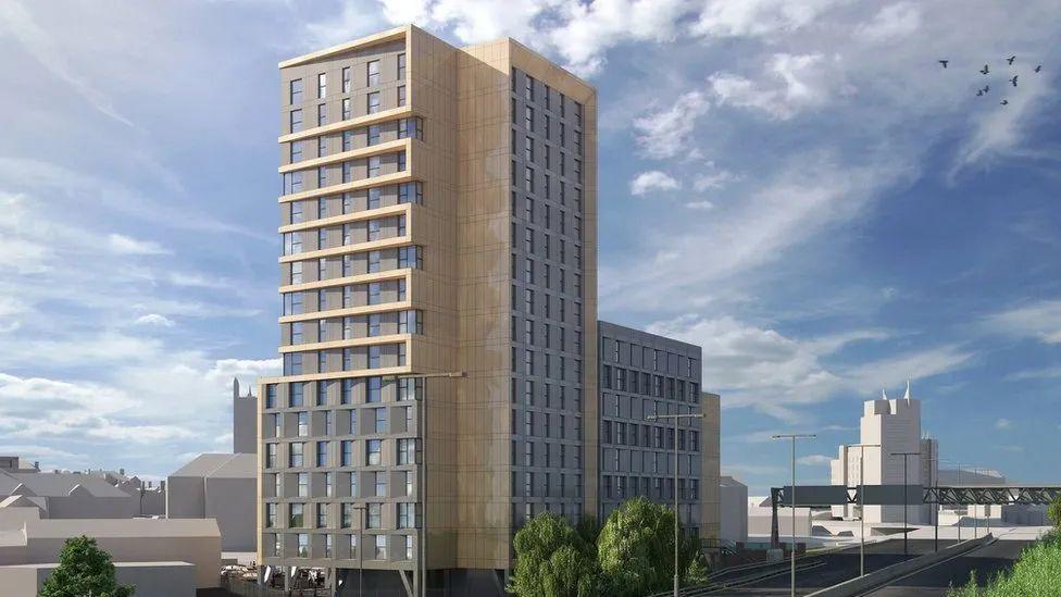 This is a design image which shows a 17 storey tower, which could have more than 200 apartments in it. It's not clear if the development will go ahead. The image is supplied by a development company called the Godwin Group. 