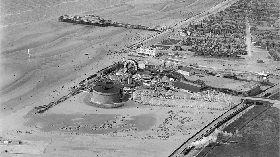 An aerial view of the pleasure beach and Victoria Pier, Blackpool, Lancashire, taken in July 1920