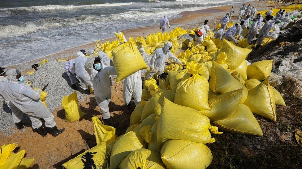 Debris collected from the beach of Negombo, north-west of Colombo, Sri Lanka, 02 June 2021