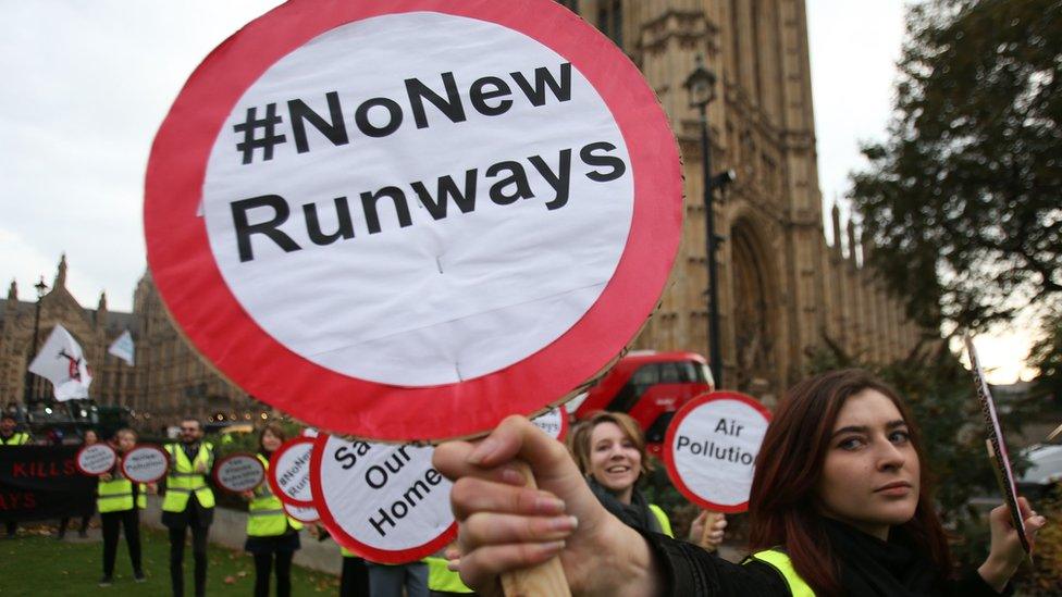 Protestors outside the Houses of Parliament say no to new runways