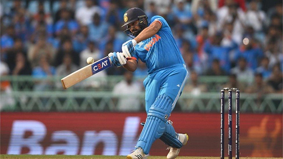 Rohit Sharma of India plays a shot during the ICC Men's Cricket World Cup India 2023 between India and England at BRSABVE Cricket Stadium on October 29, 2023 in Lucknow, India.