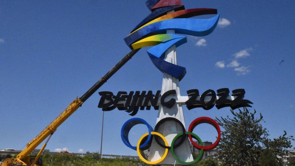 The Emblem of Beijing 2022 Olympic Winter Games is installed at Shijingshan district on August 1, 2021 in Beijing, China.