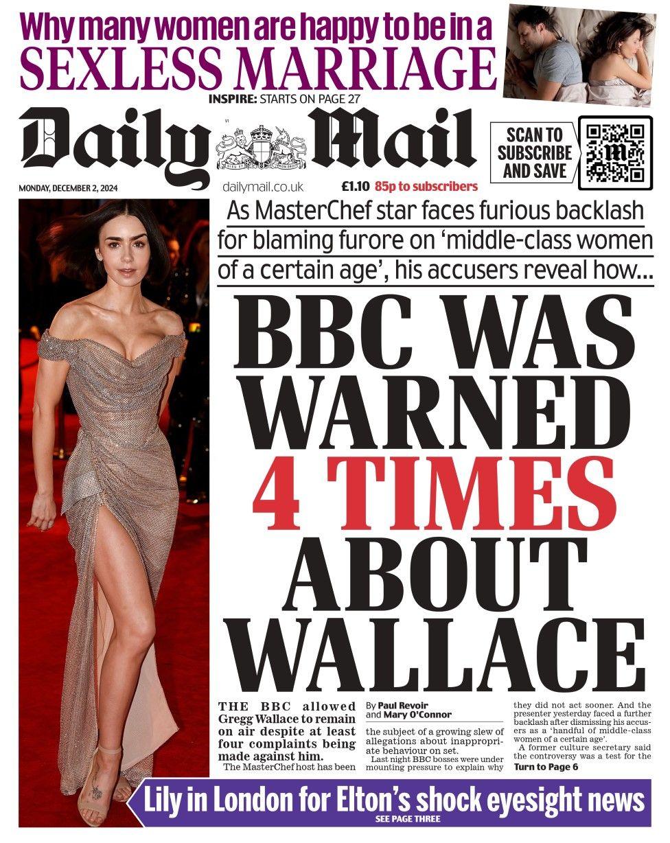 The headline in the Daily Mail reads: BBC was warned 4 times about Wallace 